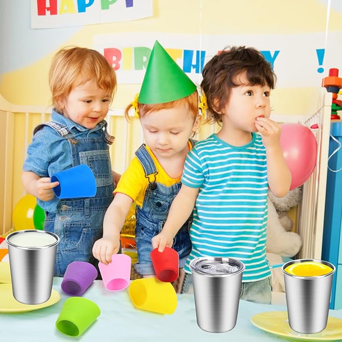 ShineMe Toddler Cups 6 pack, 12oz Stainless Steel Kids Cups Spill Proof, Unbreakable Toddler Sippy Cup With Soft Straws/Airtight Sliding Lids/Colorful Cute Silicone Sleeves, Indoor and Outdoot Use