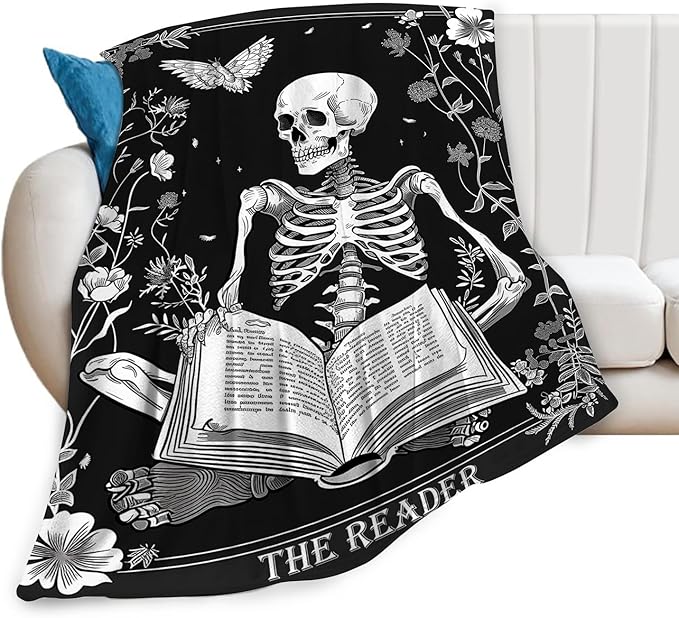 Reading Throw Blanket Ultra Soft Cozy Funny Skeleton Read Book Blanket Fleece Fuzzy Plush Skull Reading Lovers Reader Librarian Decor Gifts for Women Girls Adults Couch Sofa 50"x40"