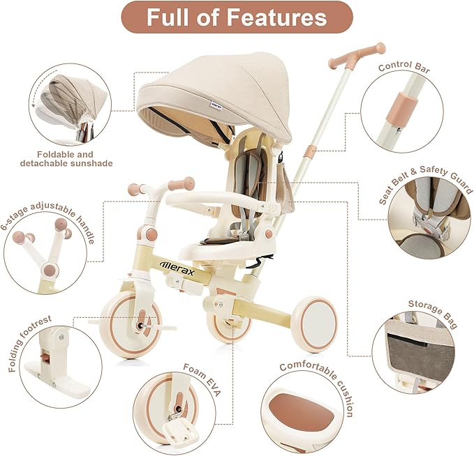 7 in 1 Baby Tricycle Stroller for Toddlers Ages 1Y-6Y Adjustable Push Handle Rotatable Seat Retractable Canopy