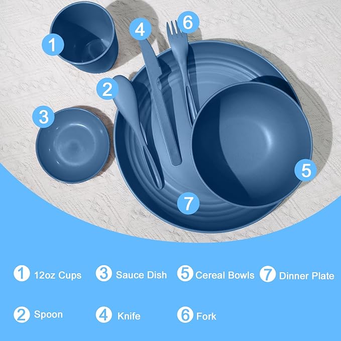 Wrova Wheat straw plates and bowls sets with cutlery - Unbreakable wheat straw dinnerware sets - Dishwasher safe plates,bowls,cups for apartment.Blue