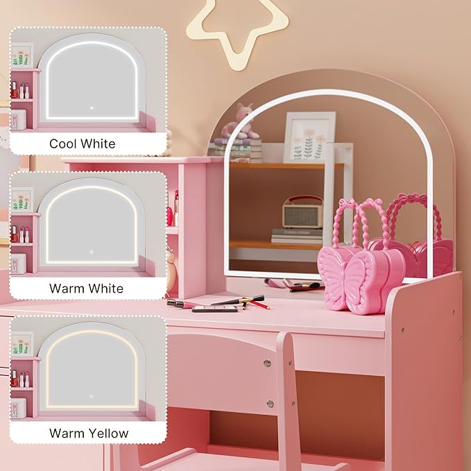Gizoon Kids Vanity Desk with Mirror and Lights, Todder Vanity Table and Chair Set with 2 Tier Open Shelves Drawer and Cabinet, Kids Makeup Vanity for Little Girl, Pink