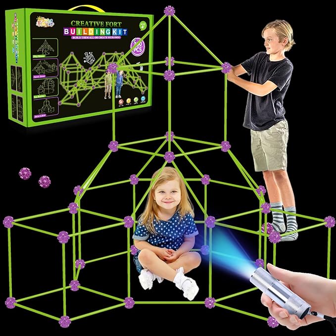Glow In The Dark Fort Building Kit for Kids,STEM Construction Toys, Educational Gift for 3 4 5 6 7 8 9 10 11 12 Years Old Boys and Girls,Ultimate Creative Set for Indoor & Outdoors Activity,200 Pcs