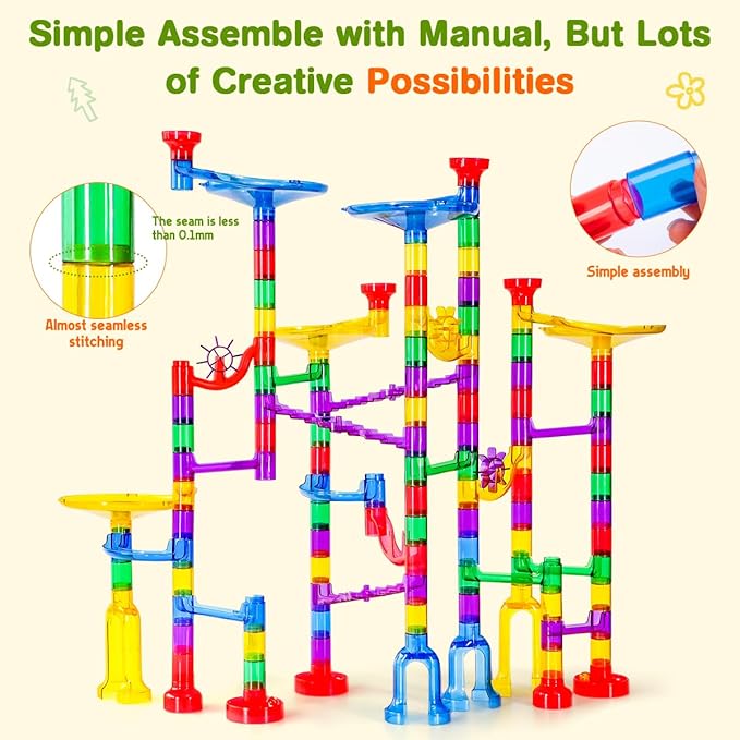 Meland Marble Run - 132Pcs Marble Maze Game Building Toy for Kid, Marble Track Race Set & STEM Learning Toys for Boy Girl Age 3 4 5 6 7 8 9+ (102 Translucent Marbulous Pcs & 30 Glass Marbles)