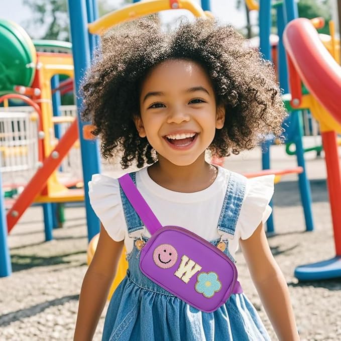 Fanny Pack for Girls Purple Kid Crossbody Bag Chenille W Letter Preppy Belt Bag, Christmas Birthday Easter Gifts for Teen Daughter Sister, Personalized Nylon Purse for 4 5 6 7 8 9 10 Year Old Girls
