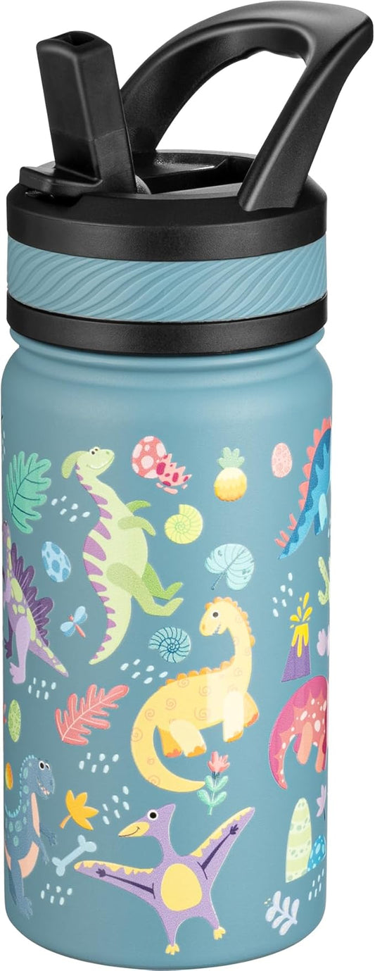 Fanhaw 14 Oz Kids Insulated Water Bottle with Straw - Stainless Steel Double Wall Vacuum Cup, Leakproof, BPA Free, Suitable for Boys and Girls(Cyan - Dinasours World)