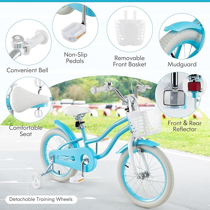 COSTWAY Kids Bike, 12 14 16 18 Inch Toddler Bike Children Bicycle w/Training Wheels, Hand & Coaster Brakes, Adjustable Saddle & Handlebar, Basket, Bell, Kids Bicycle for Girls Boys Aged 3-8 Years Old