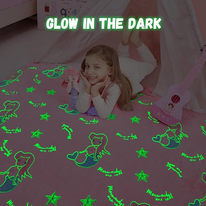 Glow in The Dark Mermaid Blanket,Mermaid Gifts Toys for Girls, Birthday Presents Decor for Kids Age 3-14 Year Old Daughter Teen Child Toddler Luminous Christmas Bedroom Throw Blanket 50"x60"