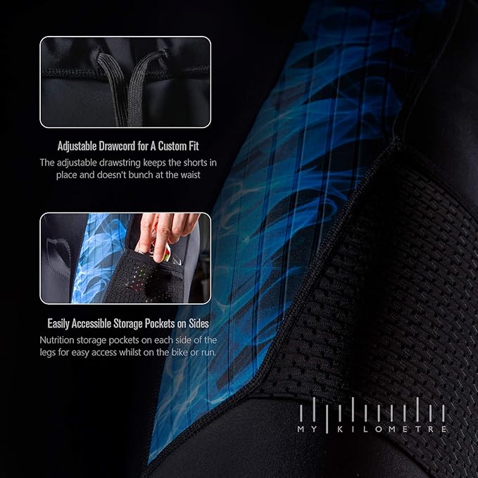 MY KILOMETRE Mens Triathlon Shorts with Adjustable Drawstring Easy Reach Leg Pockets Chamois for Long-Distance Tri Race