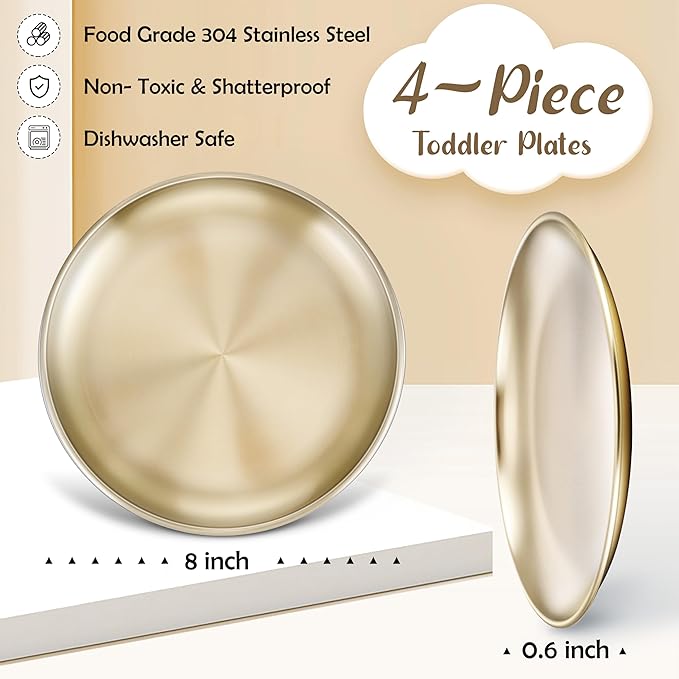 HaWare 4-Piece 18/8 Stainless Steel Plates, Metal 304 Dinner Dishes for Kids Toddler Children, 8 Inch Feeding Serving Camping Plate, Reusable Dinnerware, Unbreakable & Non-toxic, Dishwasher Safe, Gold