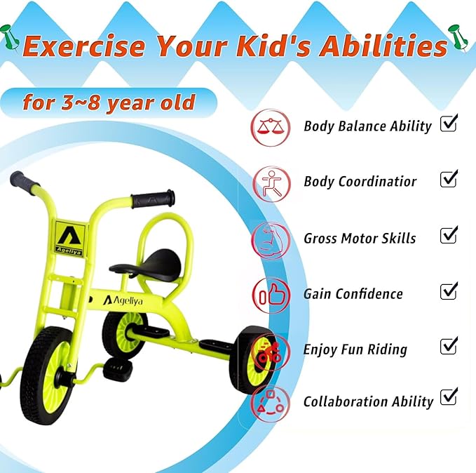 Kids Tricycle for Preschool Ages 3+, Ideal Outdoor Playground & Daycare Yard Trikes, Durable Metal Pedal Trike Gift for Boys and Girls, Sturdy Carbon Steel Frame, Inflation-Free Rubber Wheels