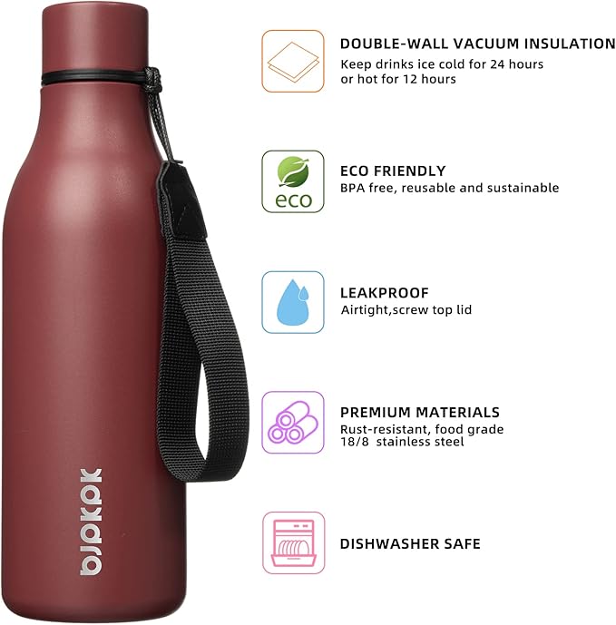 BJPKPK Insulated Water Bottles, 18 oz Stainless Steel Metal Water Bottle with Strap, BPA Free Leak Proof Thermos, Mugs, Flasks, Reusable Water Bottle for Sports & Travel, Brick Red
