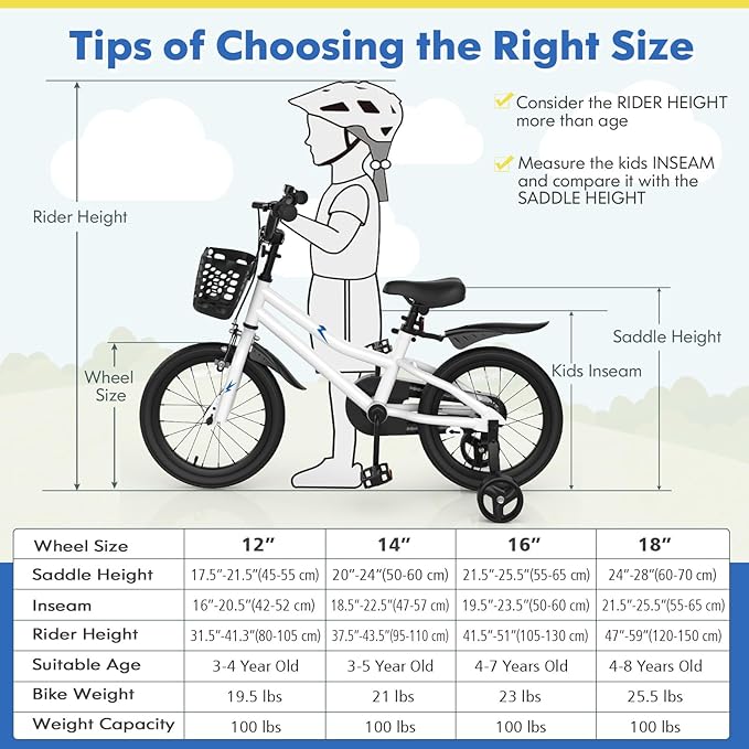 COSTWAY Kids Bike, 12 14 16 18 Inch Toddler Bike for Boys & Girls Aged 3-8 Years Old, Kids Bicycle w/Removable Training Wheels, Handbrake & Coaster Brake, Basket, Bell