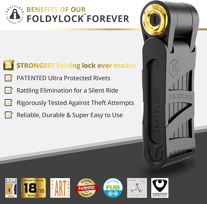 FoldyLock Forever Folding Bike Lock - Patented Sleek High Security Sold Secure Gold Bicycle Lock - Heavy Duty Anti Theft Smart Guard with Keys - 90cm
