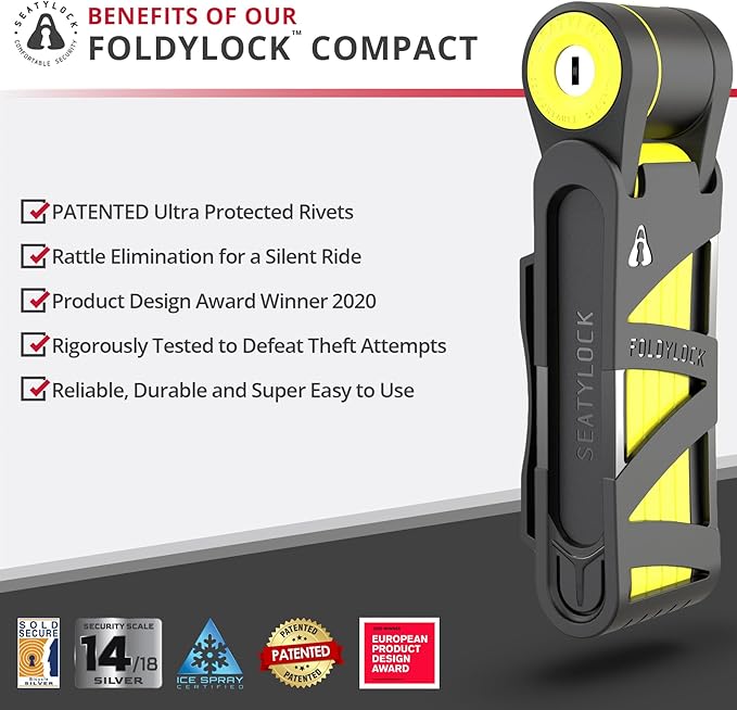 Seatylock FoldyLock Compact Folding Bike Lock - Award Winning Patented Lightweight High Security Bicycle Lock - Heavy Duty Anti Theft Smart Secure Guard with Keys & Case for Bikes or Scooters