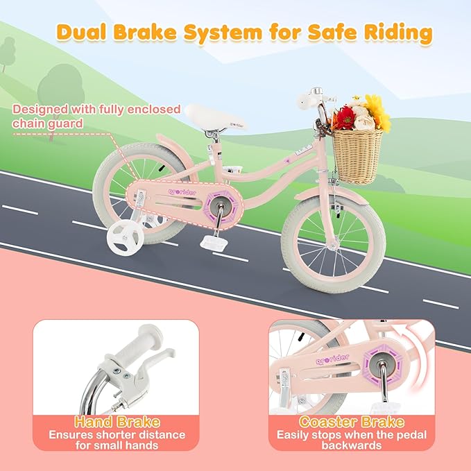 BABY JOY Kids Bike, 14 16 18 Inch Retro Kids Bicycles for 3-8 Years Old Children with Training Wheels, Adjustable Height, Rattan Basket, Handbrake & Coaster Brake, Boys Girls Bike (Pink, Green, Blue)