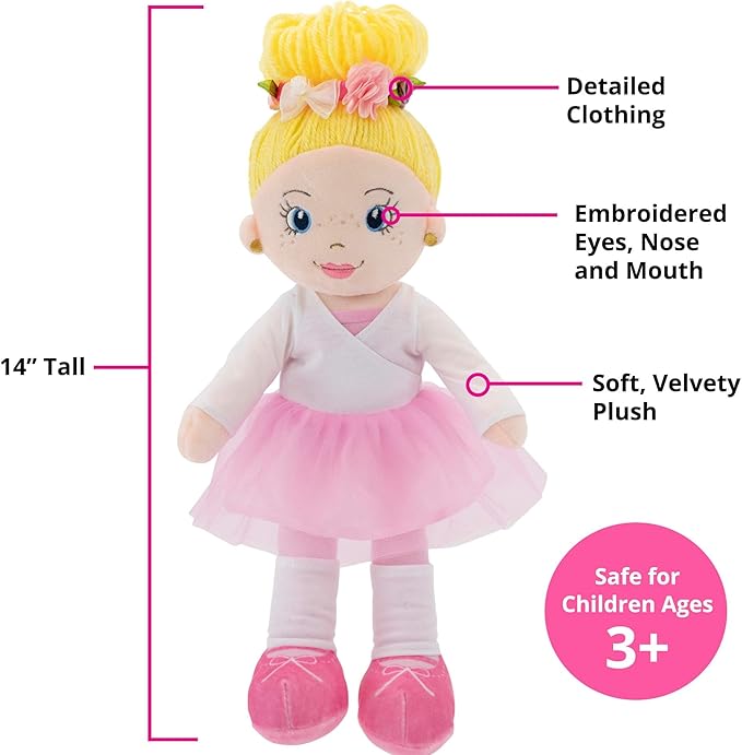 Playtime by Eimmie 14" Ballerina Soft Baby Doll for Girls - Plush Rag Doll for Toddlers & Infants, Washable Stuffed Toy with Sensory Fabric Body - Great for Gift, Birthdays & Special Occasions