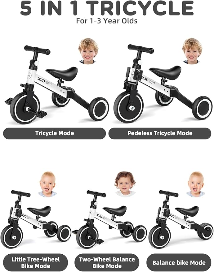 ﻿XJD 5 in 1 Toddler Bike, Tricycle for Toddlers 1-3 with Adjustable Seat Height, Removable Pedals, Ideal Balance Bike Birthday Gifts and Toys for Boys and Girls