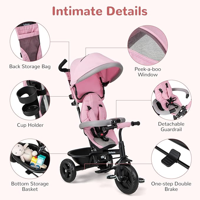 INFANS Kids Tricycle, 6 in 1 Baby Trike Toddler Bike with Reversible Seat, Adjustable Push Handle, Control Direction, Removable Canopy, Safety Harness, Belt, Storage, 9-60 Months (Pink)