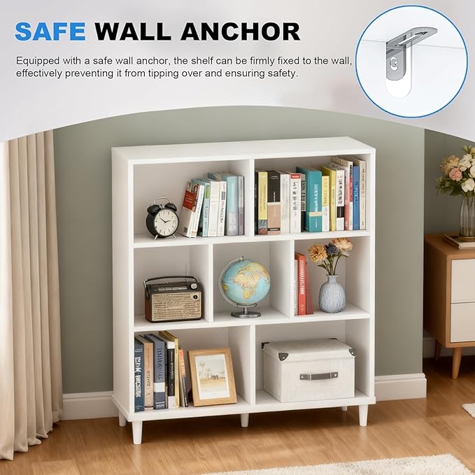 7 Cube Storage Organizer | Bookshelf with Legs|Wall Bookshelf| 3 Shelf Bookcase | -Cubic Storage Cabinet（Storing Books,Toys & More Easy to Install）