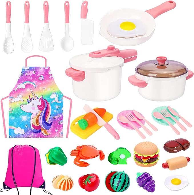 Kids Play Kitchen Accessories Set, Pretend Kids Pots and Pans Playset Toddler Cooking Set Play Kitchen Toys with Fake Play Food Dishes Utensils for Girls Boys Ages 1 2 3 4 5 6 7 8, Pink