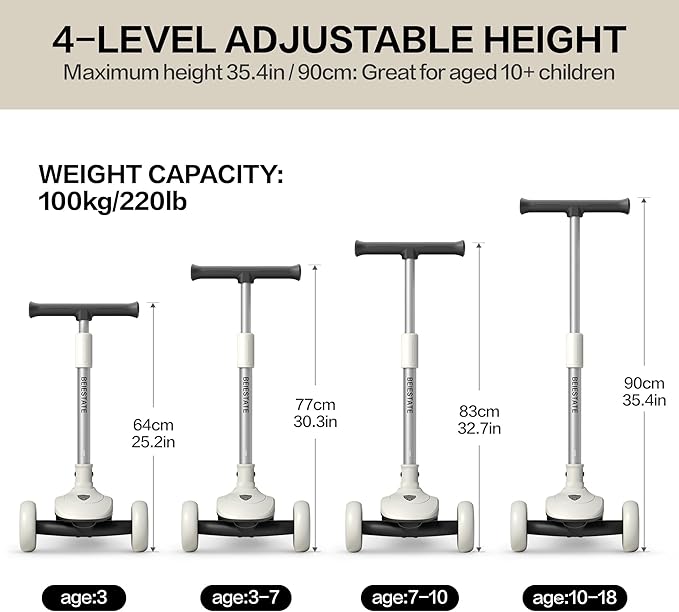 Kids Kick Scooter with Front Wheel Adjustable Steering Angle Control System, 3 Wheel Scooter for Kids Ages 3-18, Max 220 lbs 35.4" T-bar, One-Piece Brake, 3 LED Light Wheels, Scooter for Teens Adults