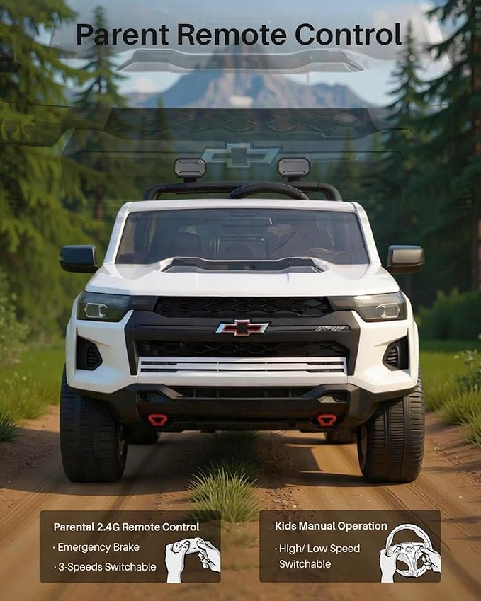 Joywhale 24V Ride on Truck 4WD Kids Electric Vehicle Licensed Chevorlet Ride on car with 7AH Big Battery, 320W Powerful Motors. 2 Seats, Music, 4 Wheel Suspension, 2 Speeds, LED Lights, White