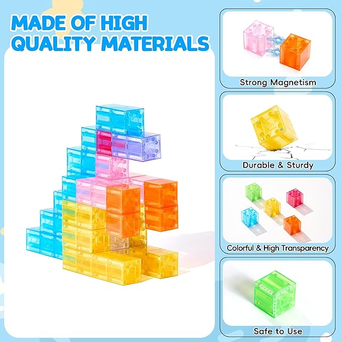 VigorFun Magnetic Blocks Set, Magnet Building Blocks with Toy Figurine and Storage Bag for Kids Gifts, STEM Educational Preschool Sensory Toys for Toddlers Boys Girls Ages 3-12(Transparent)