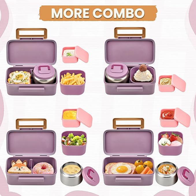 PIQUEBAR Bento Lunch Box for Kids with Thermo Ice Pack Lunch Food Container Insulated Bag, 18oz Plastic Sport Water Bottle for Kid Girls Boys (T-Pink Jellyfish)