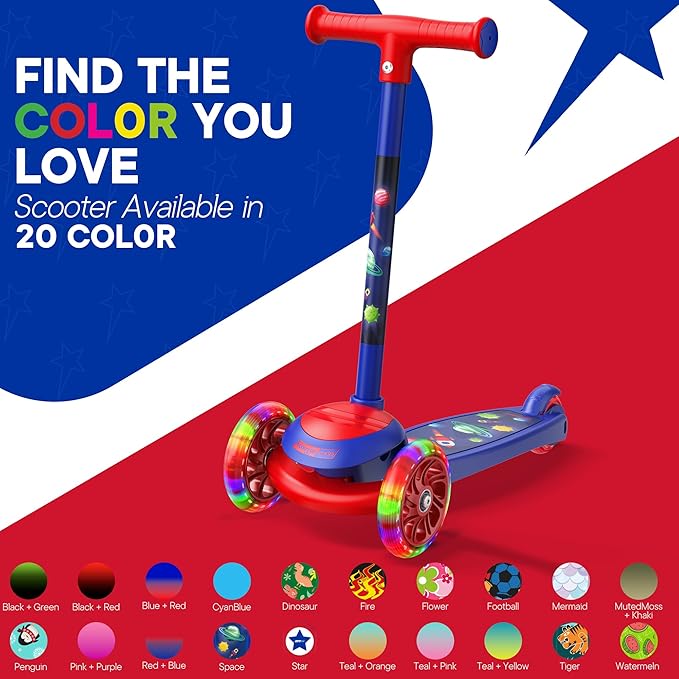 3 Wheel Scooter for Kids, Smooth Light Up LED Front Wheels, Wide Anti Slip Deck, Rear Foot Brake, Easy Lean to Steer Maneuvering, Indoor & Outdoor Ride On Toys for Ages 2 Up