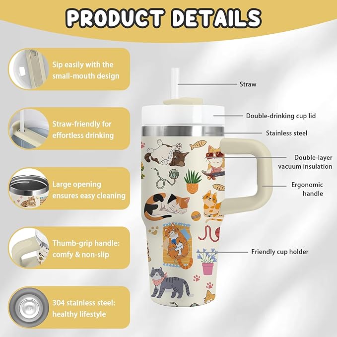 Cat Gifts for Girls - 14oz Cute Cats Kids Tumbler with Handle and Straw, Stainless Steel Insulated Water Cup, Leak Proof, for Sport, School, Travel - Funny Cat Lovers Children Birthday Gifts Cups(1pc)