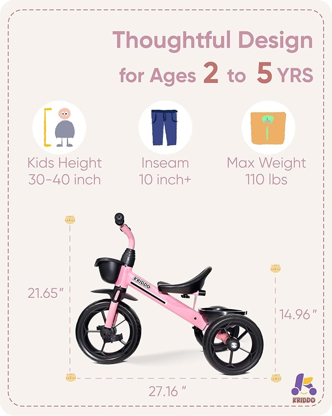 KRIDDO Kids Tricycles Age 24 Month to 4 Years, Toddler Kids Trike for 2.5 to 5 Year Old, Gift Toddler Tricycles for 2-4 Year Olds, Trikes for Toddlers, Sporty Styling, Pink