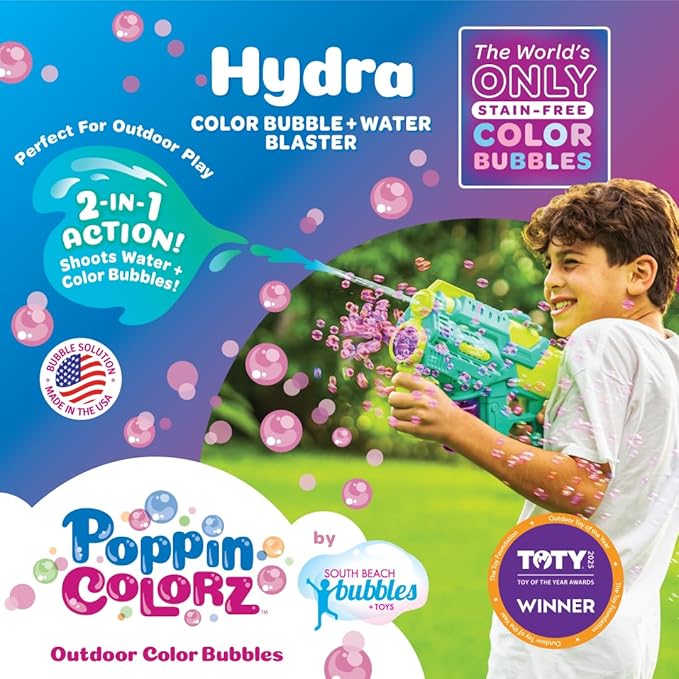 PoppinColorz Hydra Rechargeable 2-in-1 Color Bubbles Blaster & Water Gun:2025 Toy of The Year Winner. 2X Color Bubble Liquid & 4X Clear No-Spill. Bubble Solutions for Toddlers. Bubbles Made in USA
