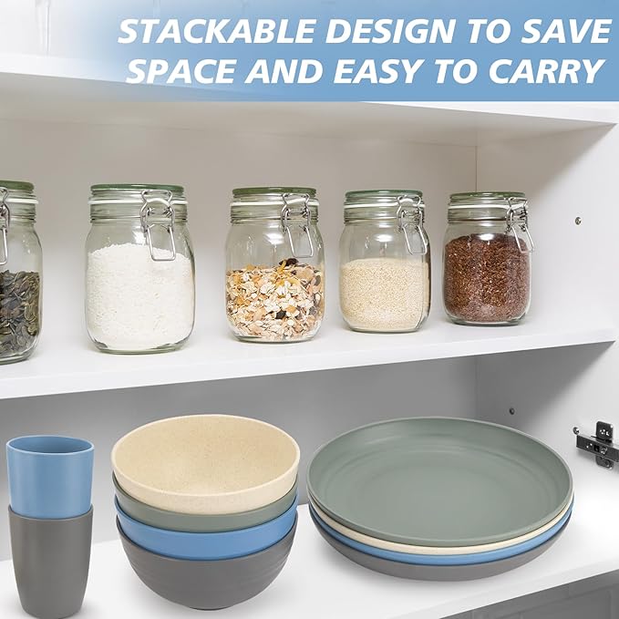 Shopwithgreen Wheat Straw Dinnerware Sets for 4, 20 PCS Unbreakable Plates and Bowls Sets, Reusable Dinner Dishes Set, Bowls, Cups, Plates for Camping, Kitchen, RV, Dorm, Dishwasher Microwave Safe