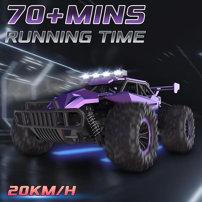 1:16 Scale Purple Remote Control Car, 20 Km/h High Speed Girls Remote Control Car Monster Vehicle with LED Headlights and Chassis Lights, RC Truck for Girls Boys and Adults