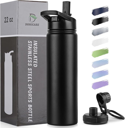 DOMICARE Insulated Water Bottle, 22 oz Vacuum Insulated Stainless Steel Reusable Sports Bottle with Straw Lid & Spout Lid for Travel, Camping, Bike, Leakproof, Black, 1 Pack…