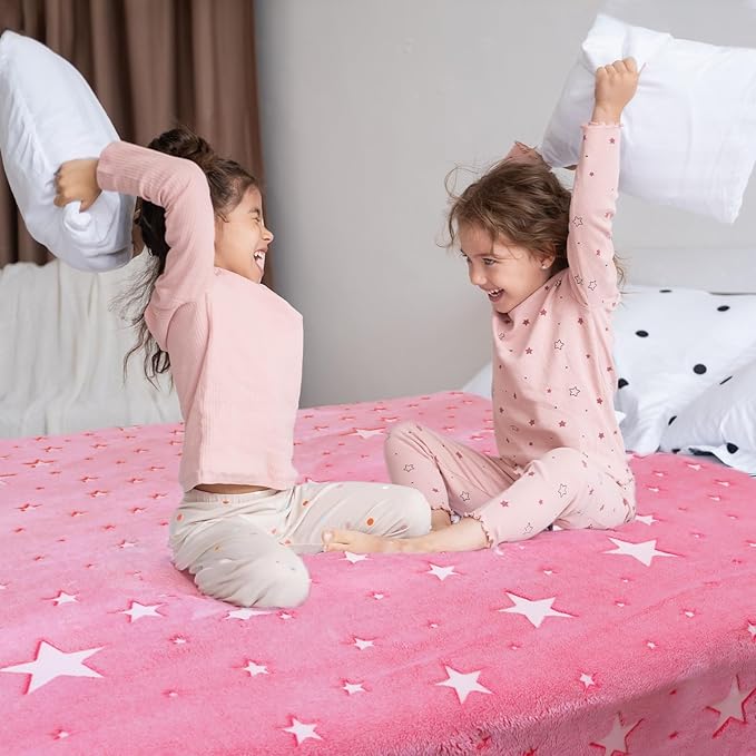 Preppy Blanket Glow in The Dark Blanket Girls Pink Star Blankets Fleece Blankets Birthday Gifts for Kids Soft Throw All Seasons
