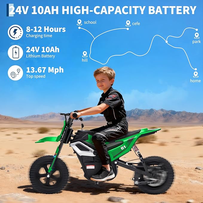 24V Electric Dirt Bike for Kids, 350w Electric Motorcycle for Kids - Up to 13.67Mile/h Long-Range, Ride on Motorcycle with Rear Wheel Suspension, 12 Miles Range, Twist Grip Throttle, Rubber Tire
