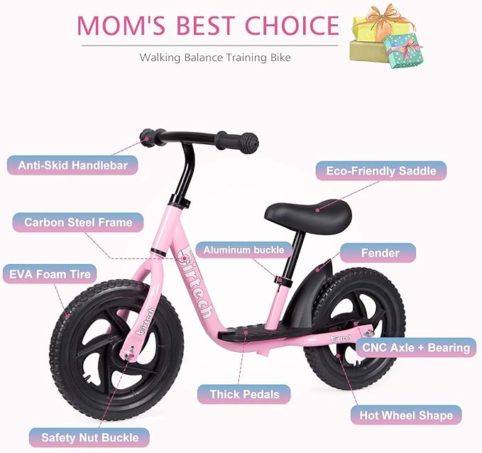 Birtech Balance Bike for 2-5 Year Old, 12 Inch Toddler Bike No Pedal Training Bicycle with Adjustable Seat Height, Airless Tire (Pink)