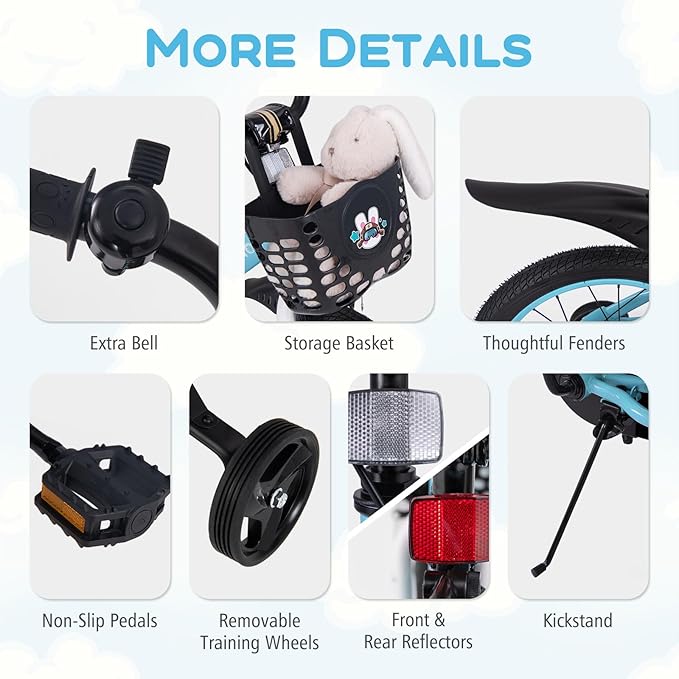 BABY JOY Rabbit Pilot Sporty Kids Bike, 12 14 16 18 Inch Child Bike for 3-8 Years Old with Adjustable Height, Training Wheels, Storage Basket, Handbrake & Coaster Brake, Kids Bicycle for Girls Boys