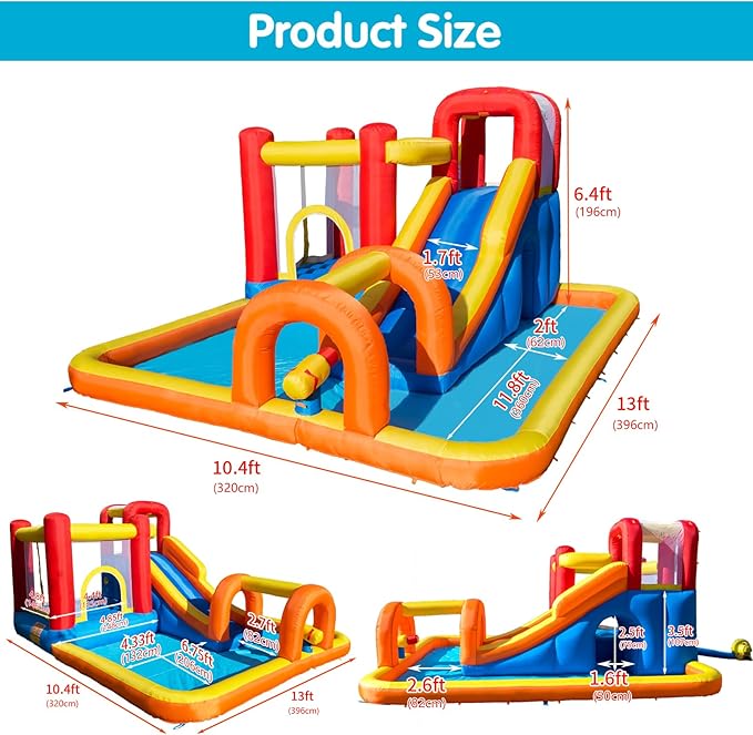 Baralir Inflatable Bounce House Water Park with Long Water Slide & Large Splash Pool Fits 5 Kids, Endless Fun of Jumping, Sliding, Climbing - Extra Cave and Tunnel Adventure and Water Cannon