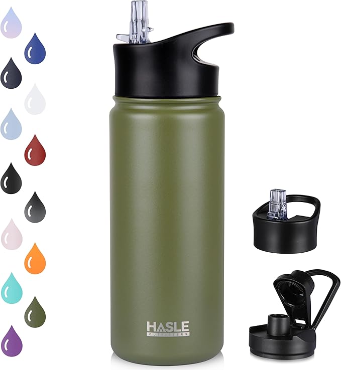 HASLE OUTFITTERS Insulated Water Bottle Kids 16 oz Double Wall Vacuum Stainless Steel Water Bottle Leak Proof for School Wide Mouth with Straw Lid & Spout Lid Keeps Cold and Hot(Army Green,1pack)