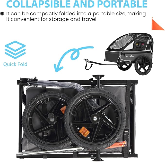 Sepnine Kids Bike Trailer, Suitable for 1 to 2 Kids, 12+ Months, Quick Attach to Bike, Foldable, with 5-Point Harness and Storage Bags