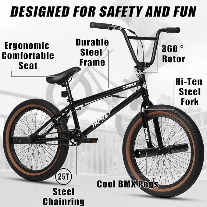 Freestyle BMX Bike, 20 Inch Yaphet Bicycle for Teen Beginner and Adult Riders, Bike with Hi-Ten Steel Frame, Multiple Colors
