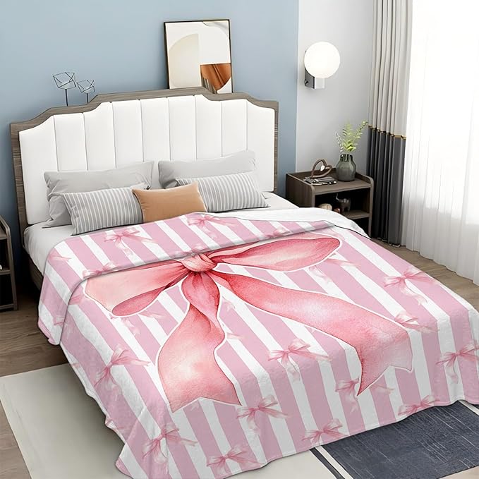 Pink Bow Throw Blanket for Girls, Bows Fleece Blanket Coquette Gifts for Women Girls, Warm Cozy Soft Flannel Preppy Stuff for Bed Sofa Couch 80" x 60"