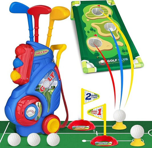 Toddler Golf Set for Boys Girls 2 3 4 5 Years Old, Upgraded Kids Golf Cart with Putting Mat & Cornhole Board, Outdoor Indoor Sports Christmas Toys, Blue