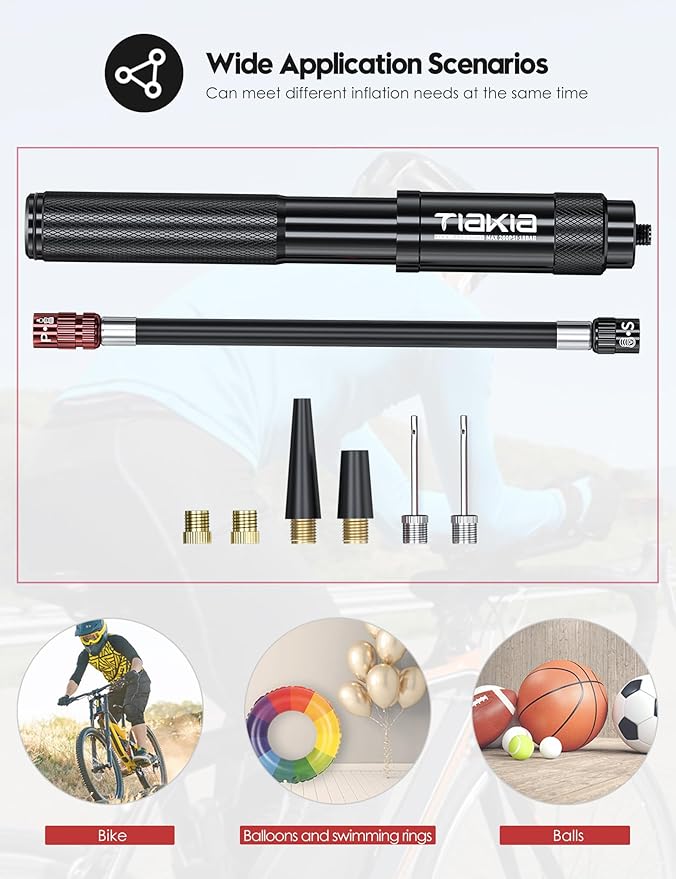 Tiakia Mini Bike Pump,Portable Compact Bicycle Pump,High Pressure Frame Pump 260PSI- Air Hand Pump Fit Presta, Schrader & Woods Valves,Aluminum Alloy Durable Tire Pump for Road/Mountain/BMX Bikes