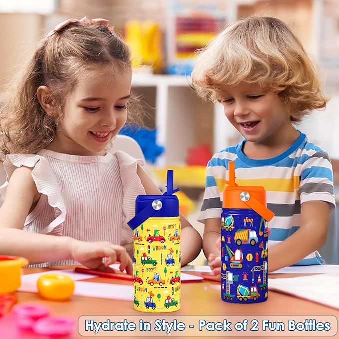 Kid Water Bottle 12oz with Straw Lid - 2-Pack Insulated Stainless Steel Water Bottles for Kids Boys Girls - Travel Cup for School Sports, Construction & Transportation