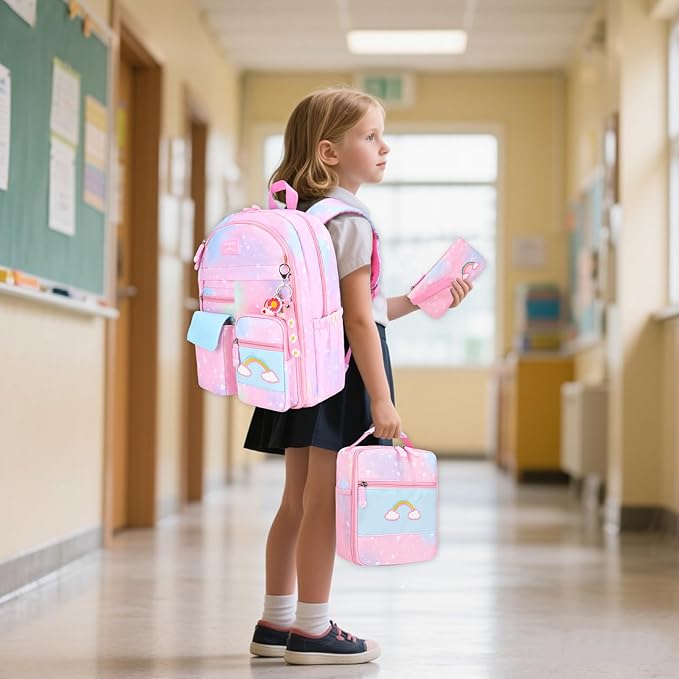 Girls Backpack Set 3 IN 1,Cute Rainbow Kids Backpack with Insulated Lunch Box Pen Case Set Student School Bag(Pink-3 pieces set)