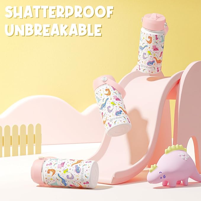 Fimibuke Kids Insulated Water Bottle, 14oz BPA FREE Double Wall Vacuum Tumbler 18/8 Stainless Steel Leak Proof Kids Cups with Straw Metal Bottle for School Boy Girl (2 Pack, UNICORN/WHITE DINOSAUR)