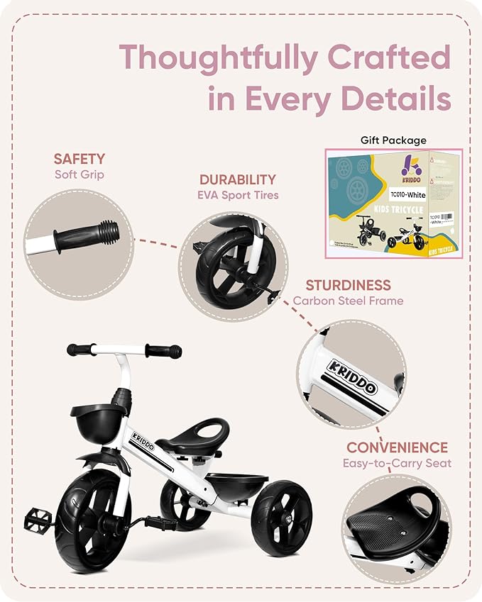 KRIDDO Kids Tricycles Age 24 Month to 4 Years, Toddler Kids Trike for 2.5 to 5 Year Old, Gift Toddler Tricycles for 2-4 Year Olds, Trikes for Toddlers, Sporty Styling, White